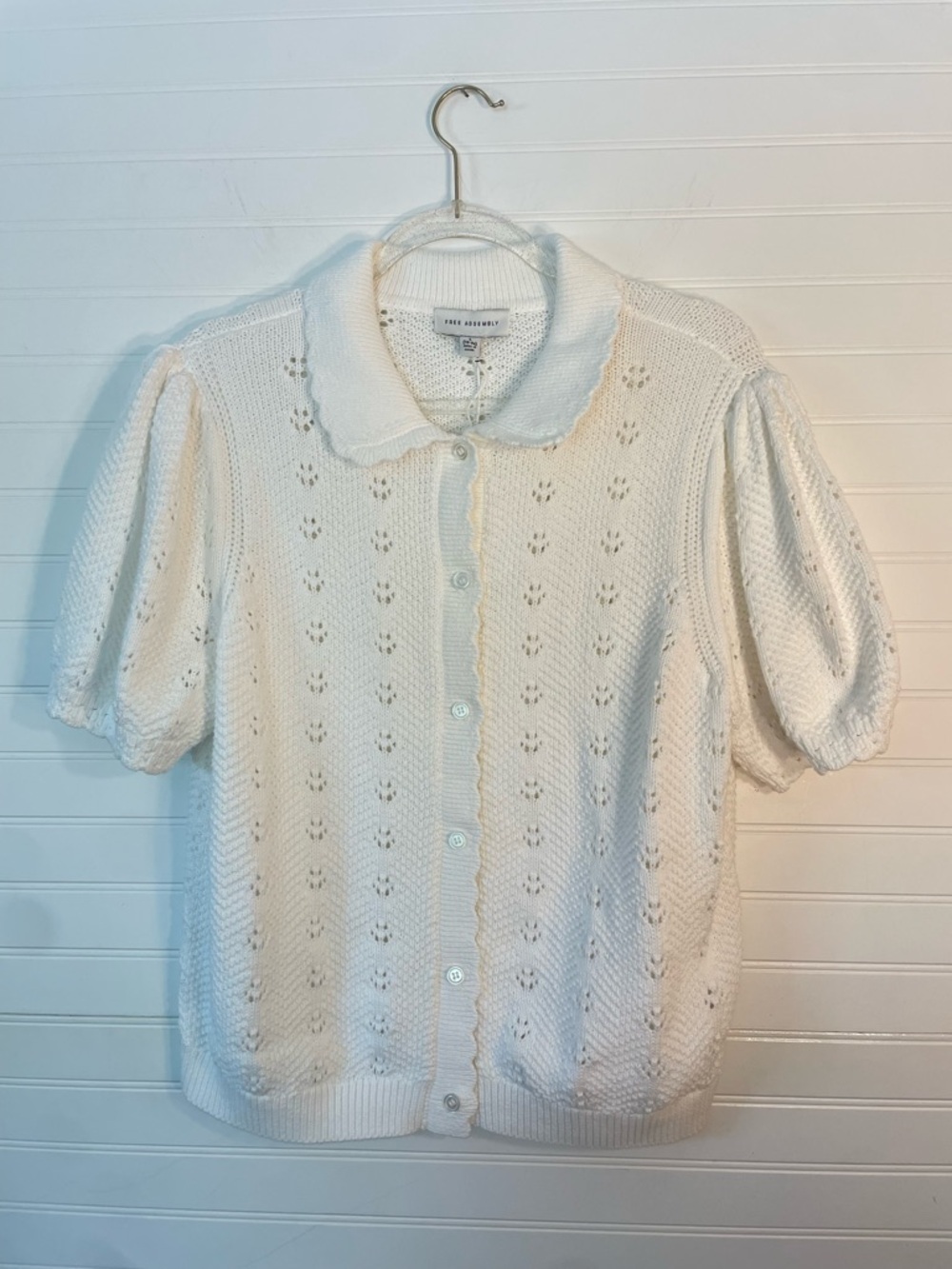 Free Assembly 100% Cotton Pointelle Peterpan Collar White Knit Cardigan NEW - Picture 5 of 7